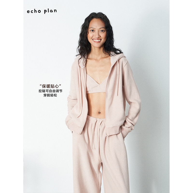 Echo Plan | Fleece-Lined Soft Sporty Casual Loose Sweatshirt Set in Muted Pink Wide-Leg Pants for Women Ec177 Echo Plan | Fleece-Lined Soft Sporty Casual Loose Sweatshirt Set in Muted Pink Wide-Leg Pants for Women Ec177