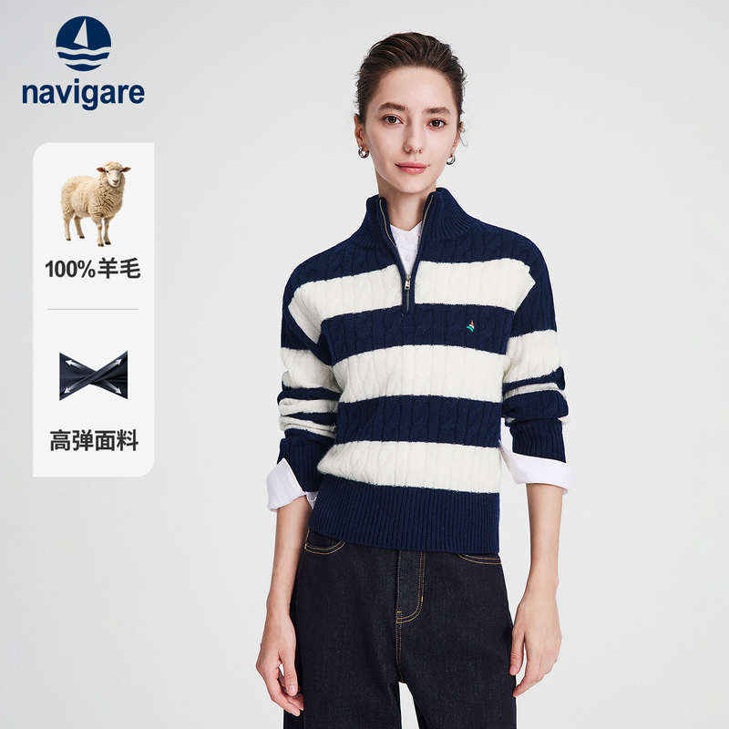 [100% Pure Wool] Navigare Autumn Color-Blocked Striped Stretchy Women's Cable Knit Sweater