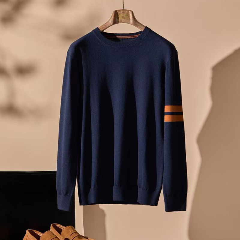 Europe-Z Asia 2026 Autumn/Winter New Color-Block Double Stripe Arm Wool Crew Neck Long Sleeve Sweater Men's Knitwear Trend Europe-Z Asia 2026 Autumn/Winter New Color-Block Double Stripe Arm Wool Crew Neck Long Sleeve Sweater Men's Knitwear Trend