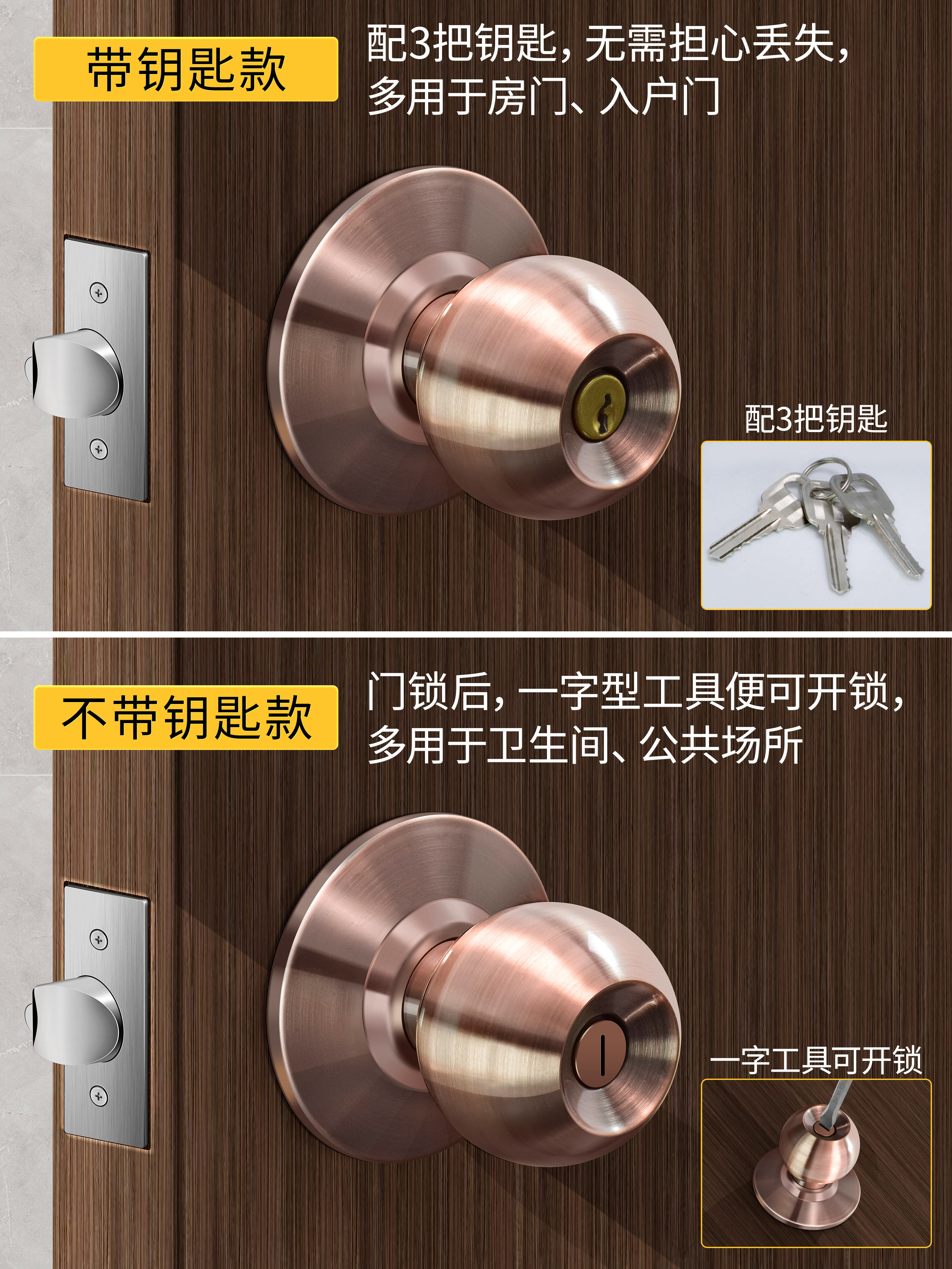 Universal Door Lock for Wooden Doors, Stainless Steel Bathroom Round Lock, Spherical Household Old-Style Door Indoor Lock for Bedroom