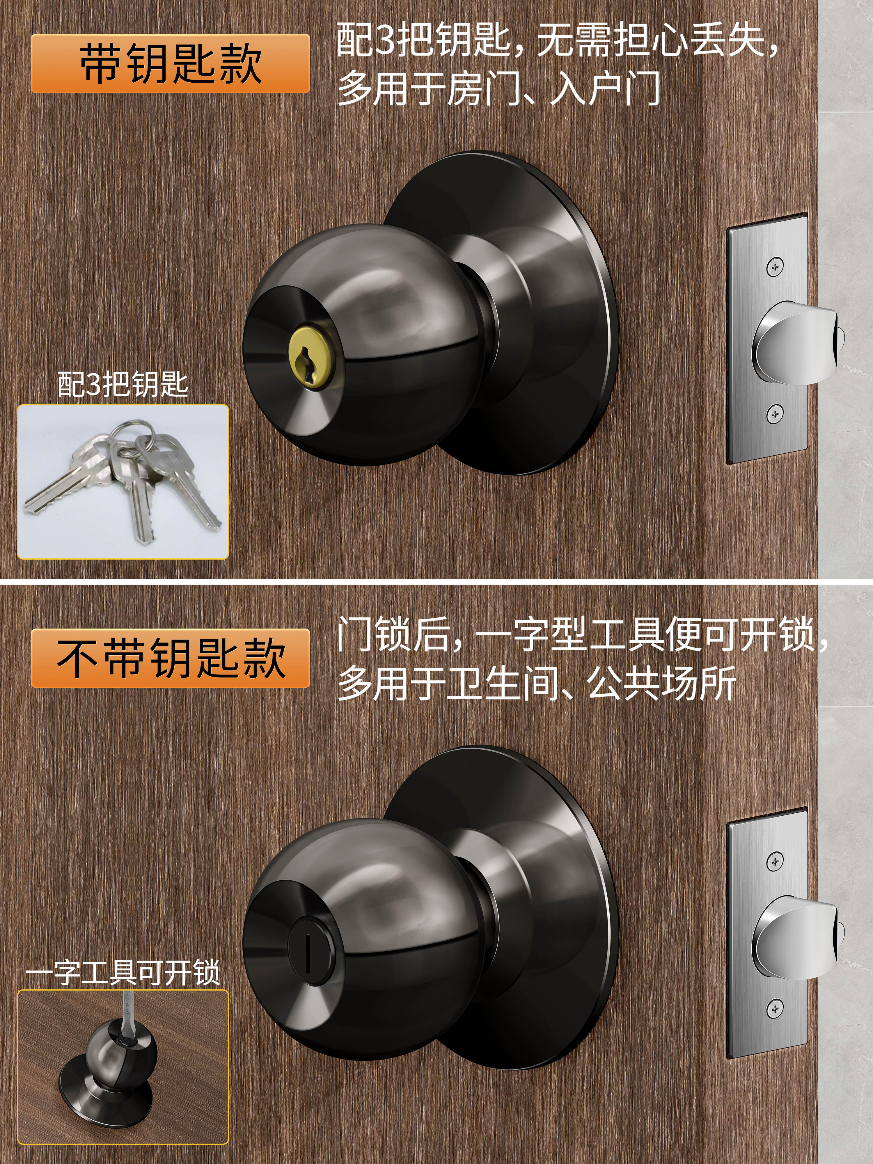 Spherical Household Lock for Wooden Doors, Old-Fashioned Lock, Universal Door Lock for Bedroom, Interior Door, Bathroom, Stainless Steel Round Lock