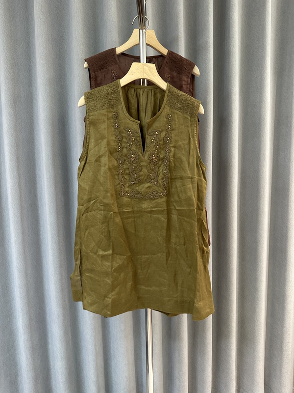 2026 New Fashion Versatile Round Neck Beaded Sequin 100% Ramie Sleeveless Vest Shirt Mid-Length Top