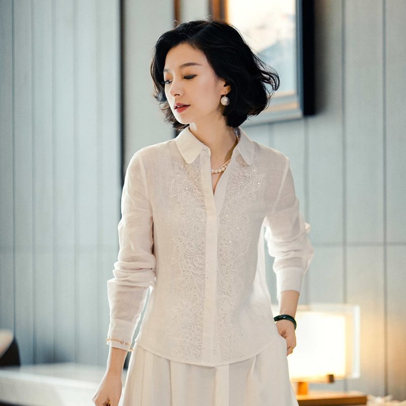 Xizi/[Southern French Linen] French Rain Dew Linen Heavy Embroidery Lapel Long Sleeve Shirt for Women/Csbh1491