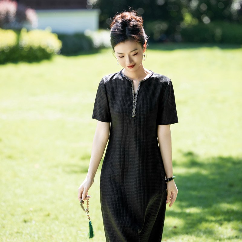 Xizi/[Chen Tan Old Material] Intangible Cultural Heritage Xiangyun Silk Gauze Pleated Mulberry Silk Slimming Dress for Women/Cqtj268