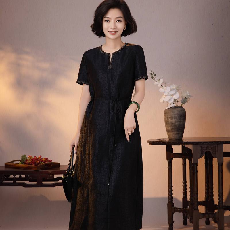 Xizi/[Ink Washing] 25mm Mulberry Silk Intangible Cultural Heritage Black Turtle Pattern Xiangyun Silk Waist-Tightening Dress/Cqxs0783
