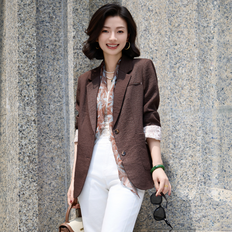 Xizi/[Ink] Rayon Lyocell Linen Blend Ink Floral Patchwork Blazer for Women/Ly0071