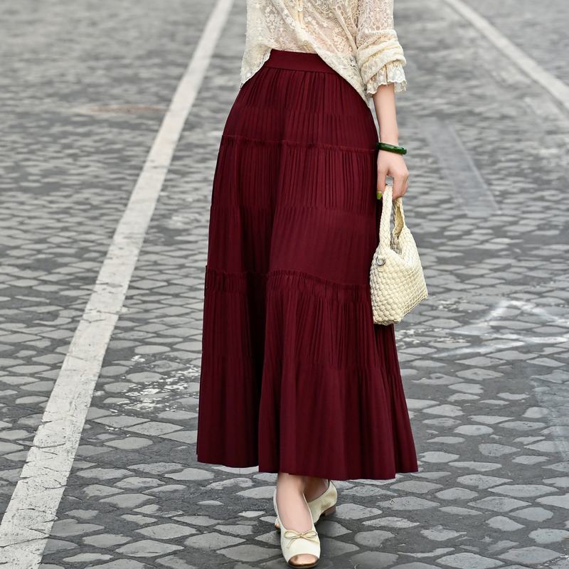 Yu Xizi/[Roman Red Dress] Elegant Heavy-Duty Pleated Patchwork A-Line Skirt/Bqyf189