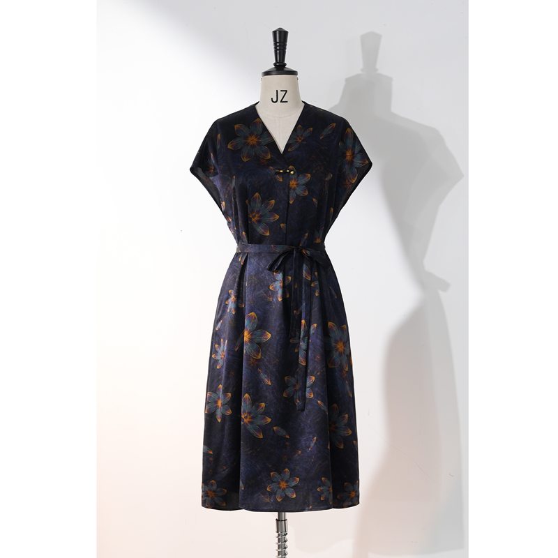 Xizi/[Good Luck Lotus] Intangible Cultural Heritage Xiangyun Silk 25mm Mulberry Silk Midnight Blue Dress/Cqxs046
