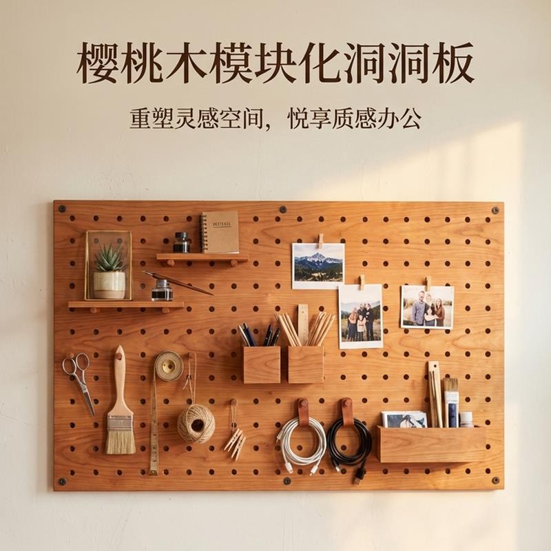 Log-style solid wood hole board, storage hanging board behind the entrance door, cherry wood wall display rack customization