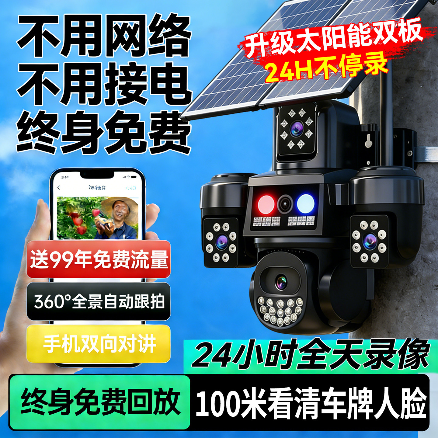 Solar-Powered Surveillance Camera, Outdoor Monitoring Camera, No Network Required, No Electricity, No Internet, High-Definition 20 Million Pixels