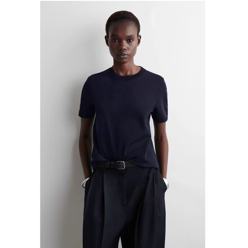 C Women's Clothing Standard Fit Round Neck Short Sleeve T-Shirt Navy Blue 2025 Summer New Arrival 0960679129