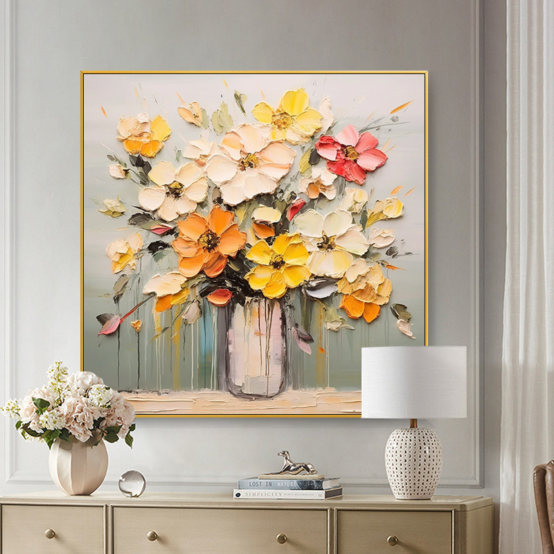 Hand-Painted Oil Painting "Blooming Flowers" Restaurant Wall Art Entrance Hall Living Room Sofa Background Wall Decorative Painting Texture Three-Dimensional Wall Art