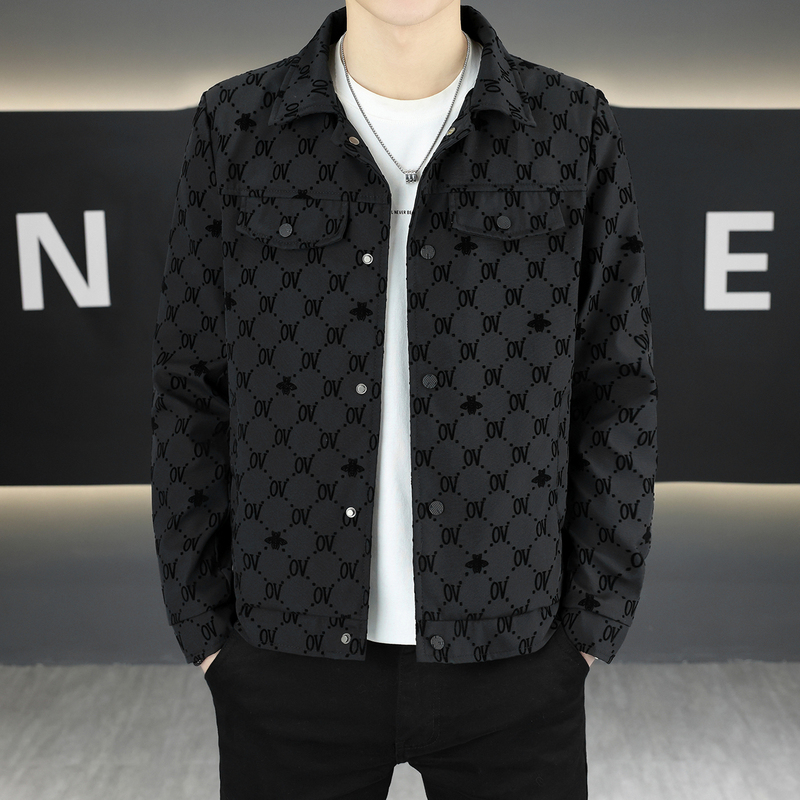Men's Lapel Jacket Spring New Style Flocked Jacket Spring and Autumn Windproof Work Jacket Slim Casual Trendy Top