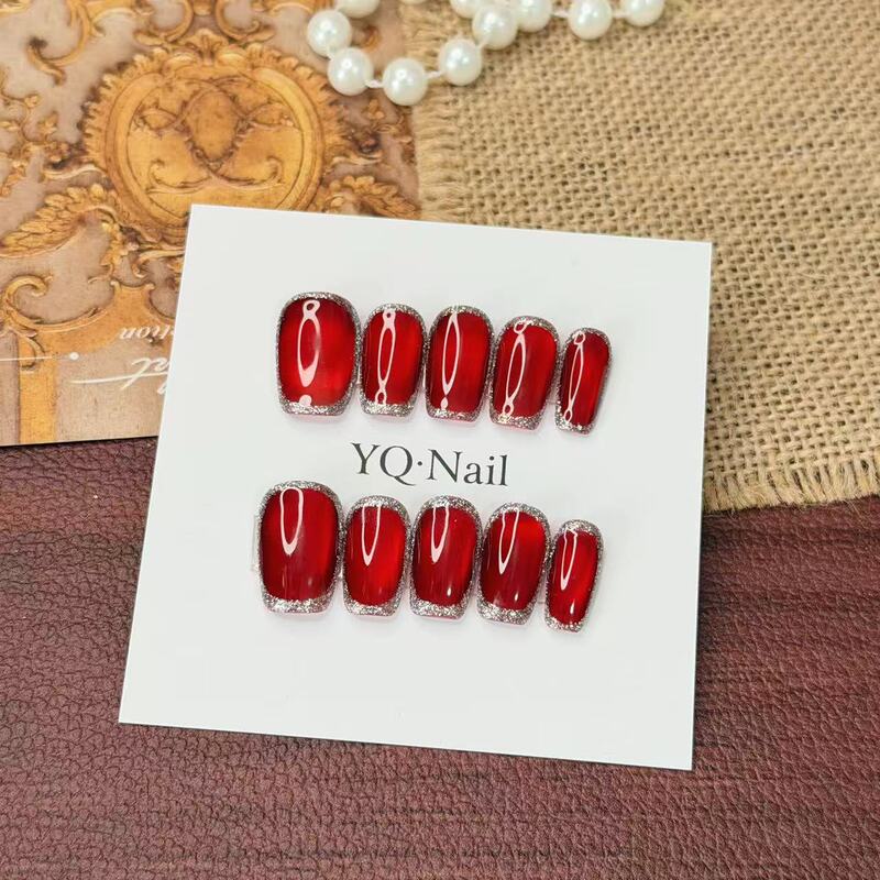 【Yq·Nail Ruby 2】 Hand-Painted Exquisite Burgundy Base Color with Silver Glitter Trim, Simple and Flattering Wearable Nail Art