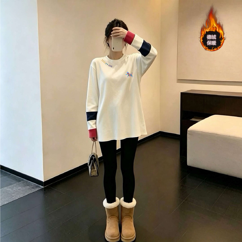 Thickened German Velvet Loose Long-Sleeve T-Shirt for Women, 2026 New Style, Oversized Mid-Length Spliced Base Shirt for Autumn and Winter