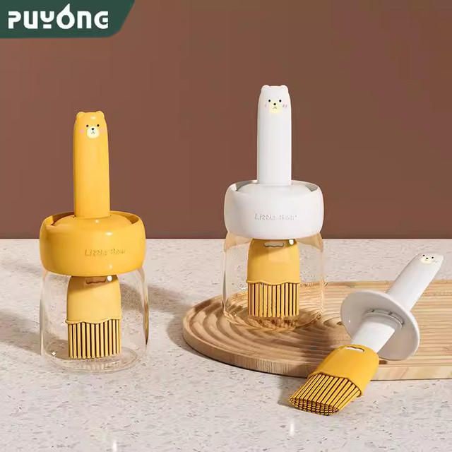 Silicone Oil Brush with Food-Grade Bottle, Household High-Temperature Resistant Glass Kitchen Tool, Baking and Grilling Brush with Integrated Oil Bottle