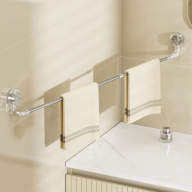 Bathroom No-Drill Towel Rack Stainless Steel Extendable Rotating Suction Cup Towel Bar Single Rod Storage Rack