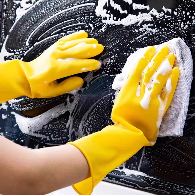 Cowhide Latex Gloves for Household Chores, Dishwashing, Kitchen Use, Durable Rubber, Thickened Silicone, Labor Protection, Wear-Resistant, Waterproof Work Gloves