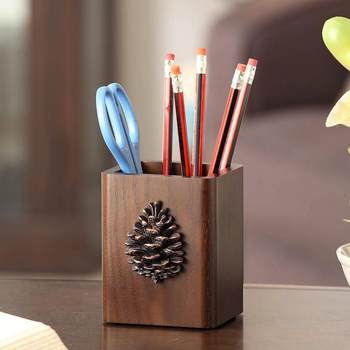 Solid wood pen holder creative office supplies pen seat makeup brush pen bucket stationery pen box student gift desktop storage box