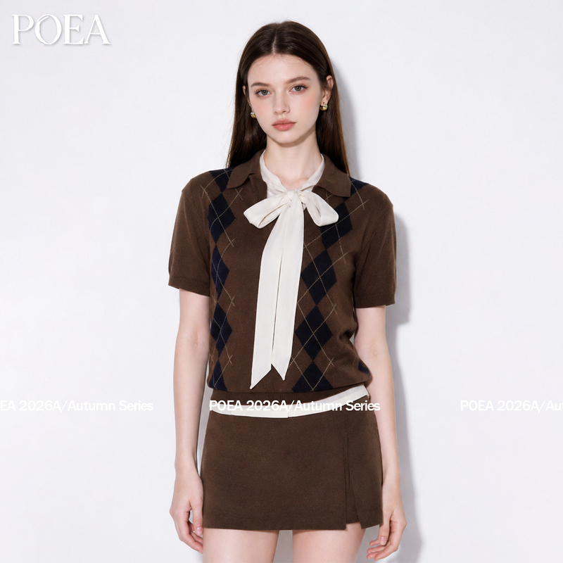 Poea Melard Diamond-Patterned Knit Set Polo Collar Short-Sleeved Knit Top + Wrap-Style Short Skirt Two-Piece Set for Women