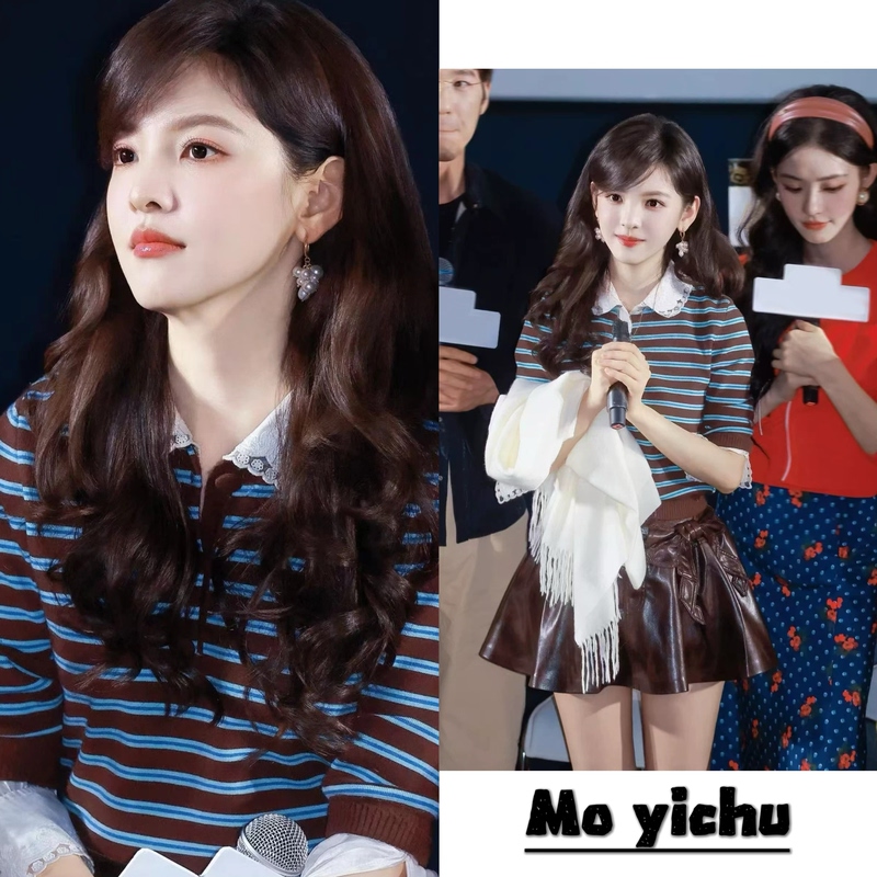 Zhang Ruonan's Same Style Spring and Summer Age-Reducing Striped Lace Doll Collar Fake Two-Piece Knit Top with Retro Leather Short Skirt