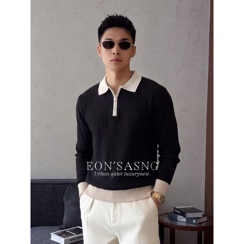 Eon's "Contrast Color Vertical Stripe Jacquard" 2026 Autumn Minimalist Style Textured Men's Commuter Half-Zip Knit Sweater