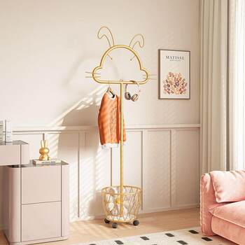 Removable wheeled coat rack hanger hanger storage basket cartoon iron odd art children's clothes rack floor standing