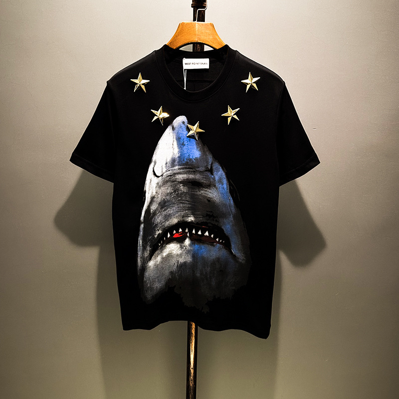 Fujifanxi Men's Clothing Collaboration with Metal Star Shark Print Short-Sleeve T-Shirt Pure Cotton Unisex Set Shirt