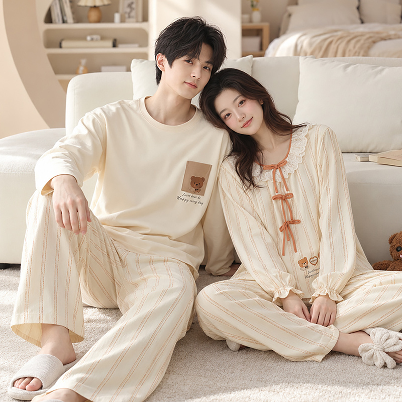 2-Piece Set of Pure Cotton Couple's Pajamas for Men and Women, Casual Long-Sleeved Pants, High-End Autumn and Winter Cotton Home Wear Set
