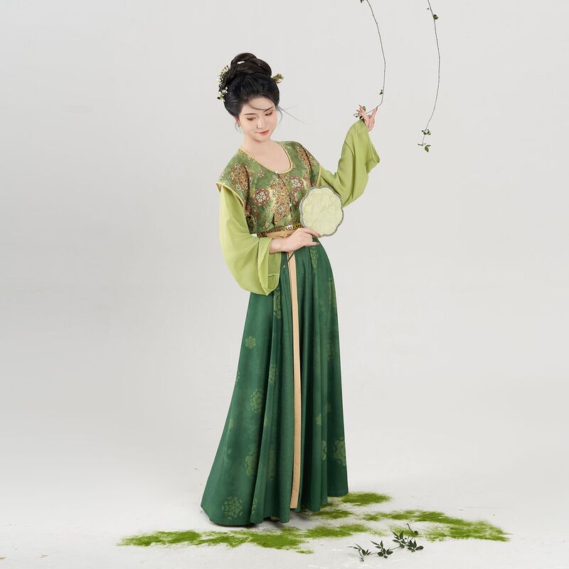 Tang Dynasty-Style Hanfu for Women, Restored Dunhuang Floral Tang-Style Blouse, Chiffon Round-Neck Shirt, Paired with an Eight-Panel Skirt, Suitable for Daily Wear and Commuting