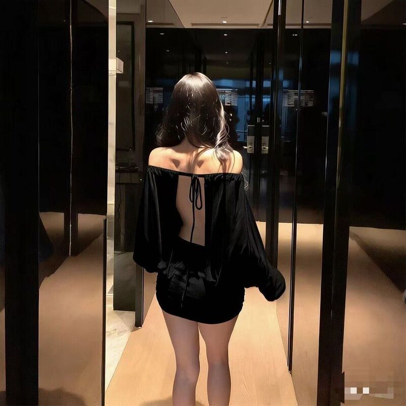 Black Backless Dress, Slim-Fit Long-Sleeve Dress for Women, Autumn Waist-Cinching Dress, Pure Desire Style, Sexy Bodycon Dress