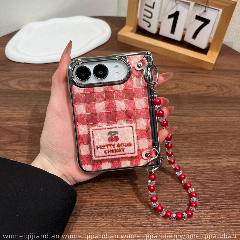 Electroplated Gold-Plated Red Checkered Letter Cherry Magnetic Side Buckle Case Suitable for iPhone Duo Phone Case, Wide Folding Screen, New Apple Duo Personalized Case with Hand Chain, Anti-Drop, Fashionable Anti-Drop Cover Electroplated Gold-Plated Red Checkered Letter Cherry Magnetic Side Buckle Case Suitable for iPhone Duo Phone Case, Wide Folding Screen, New Apple Duo Personalized Case with Hand Chain, Anti-Drop, Fashionable Anti-Drop Cover