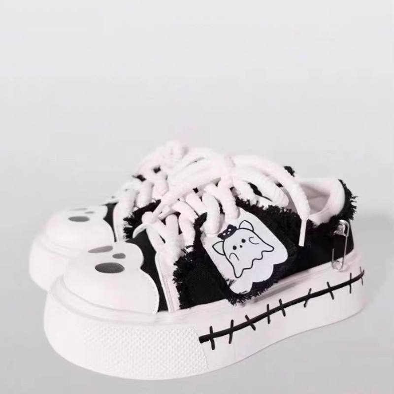 Ghost Flag brand shoes, versatile Lolita shoes for female students, sports platform shoes, black and white punk canvas shoes