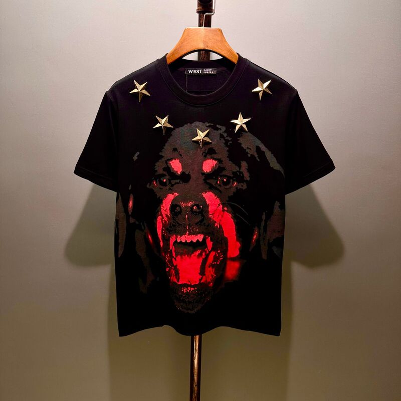 Fujifanxi Men's Clothing Collaboration with 3D Dog Head Print and Metal Star Design Men's Short-Sleeve Long-Staple Cotton Crew Neck T-Shirt