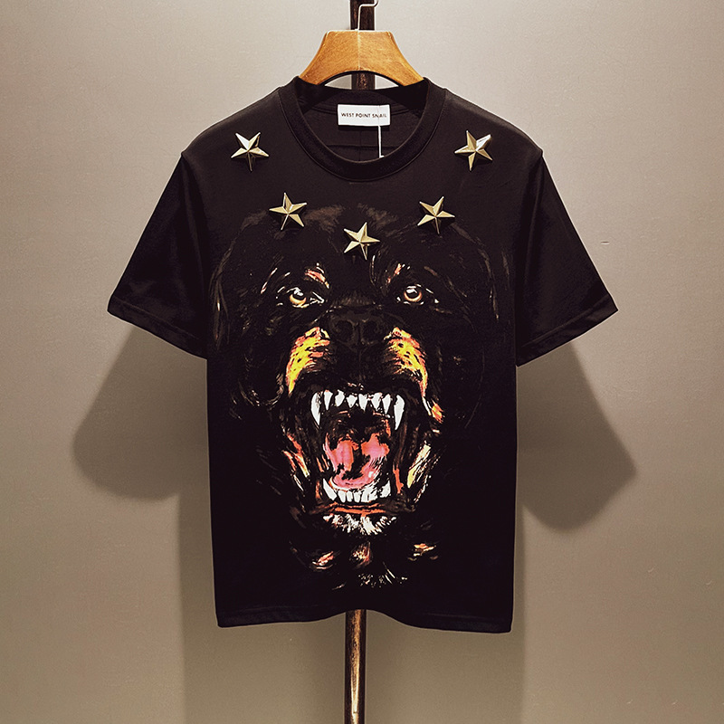 Fujifanxi Men's Clothing Collaboration Is Suitable for Summer Men's Casual Short-Sleeved T-Shirts with Metal Star and Evil Dog Print