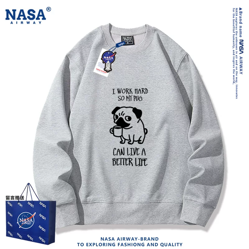 Мужская толстая хлопковая футболка с круглым вырезом (NASA) — принт «I work hard» с померанцем в золотой окантовке