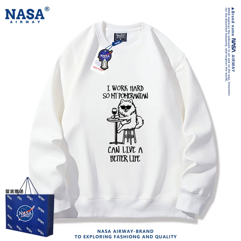 Мужская толстая хлопковая футболка с круглым вырезом (NASA) — принт «I work hard» с померанцем в золотой окантовке