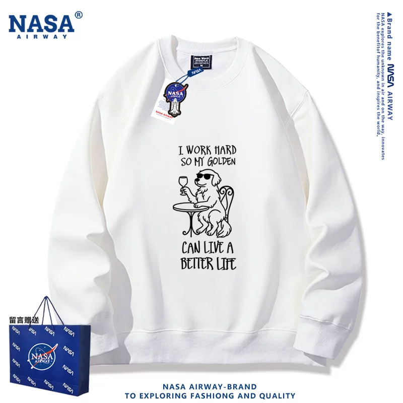 Мужская толстая хлопковая футболка с круглым вырезом (NASA) — принт «I work hard» с померанцем в золотой окантовке