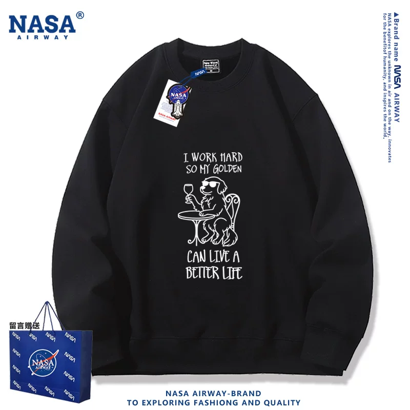 Мужская толстая хлопковая футболка с круглым вырезом (NASA) — принт «I work hard» с померанцем в золотой окантовке