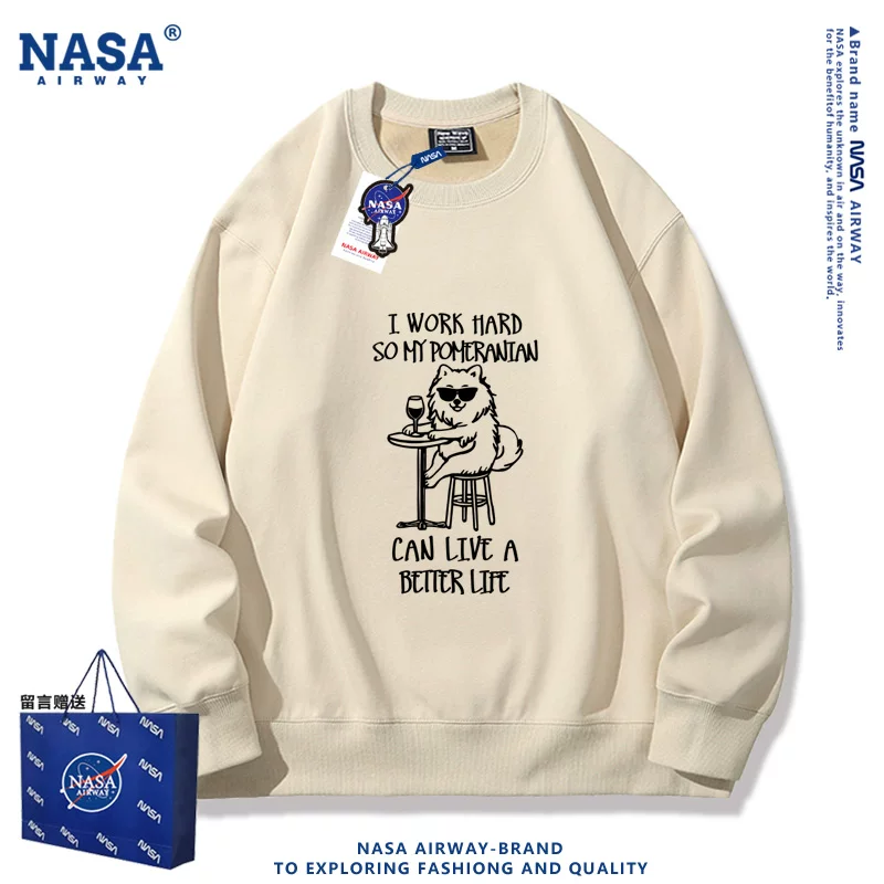 Мужская толстая хлопковая футболка с круглым вырезом (NASA) — принт «I work hard» с померанцем в золотой окантовке