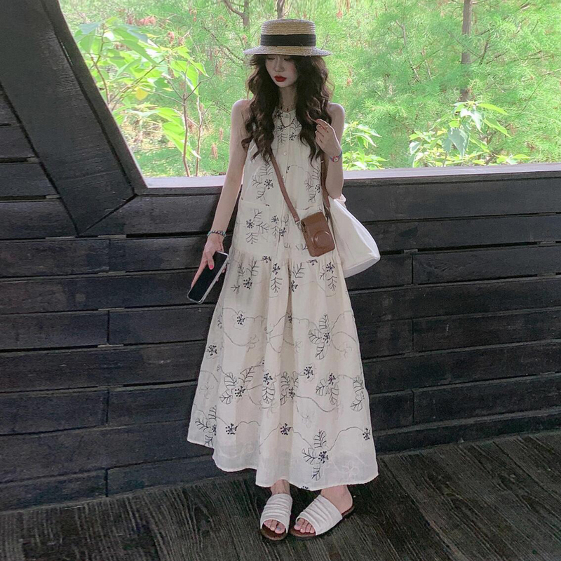 2026 Summer Vacation Style French Retro Embroidered Halter Neck Sleeveless Vest Dress for Women, Slimming Long Dress