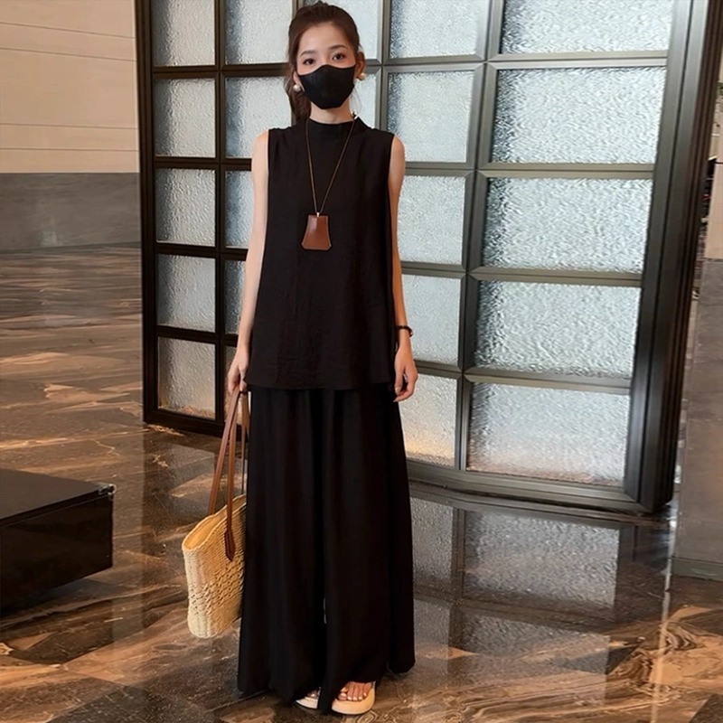 20252025 Super Popular Summer Outfit Set for Women, Relaxed and Unique Sleeveless Tank Top with Back Slit and Wide-Leg Pants