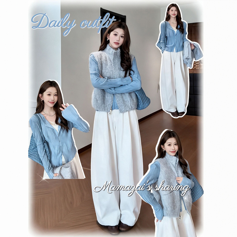 2026 Autumn New Korean Style Atmospheric Blue Pleated Textured Knit Vest Jacket Casual Pants Set for Women 2026 Autumn New Korean Style Atmospheric Blue Pleated Textured Knit Vest Jacket Casual Pants Set for Women