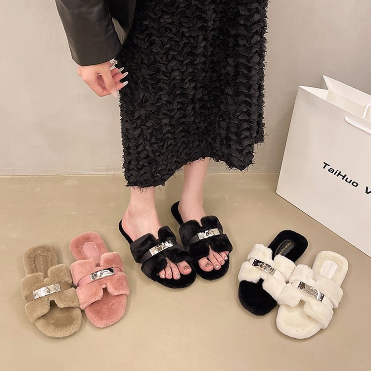 Suitable for Those Who Like Hermès X Horse of War Collaboration Half-Slip Furry Slippers for Women, New 2026 Autumn and Winter Half-Slip Women's Shoes Suitable for Those Who Like Hermès X Horse of War Collaboration Half-Slip Furry Slippers for Women, New 2026 Autumn and Winter Half-Slip Women's Shoes