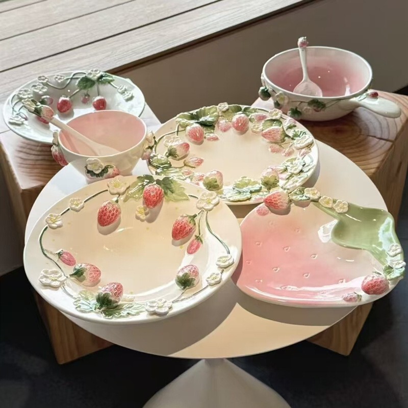 Strawberry Plate Tableware Pink Girly Heart Bowl Deep Plate Breakfast Plate Western Food Pasta Dessert Cake Plate