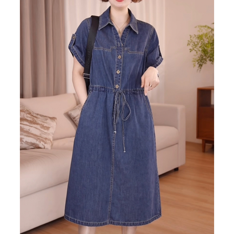 European Style Casual Solid Color Denim High-End Dress Plus Size Body-Covering Lace-Up Slimming Over-The-Knee Dress 2026 Summer New
