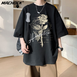 Machdck American Style Retro Rose Short-Sleeve T-Shirt for Men, Summer Heavyweight High Street Half-Sleeve Couple Loose Fit T-Shirt