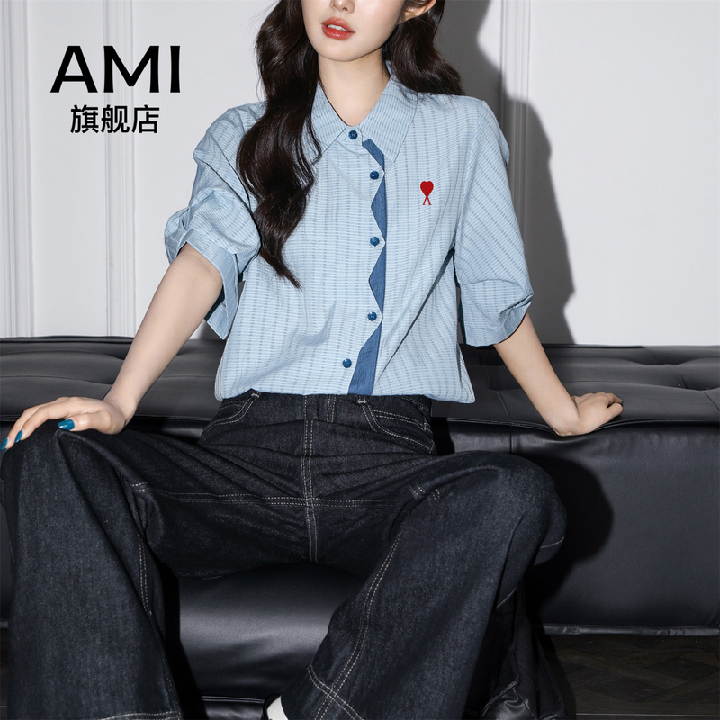 Ami Official Blue Striped Short-Sleeve Shirt for Women, Summer Asymmetrical Design, Niche Retro Artistic Style Top