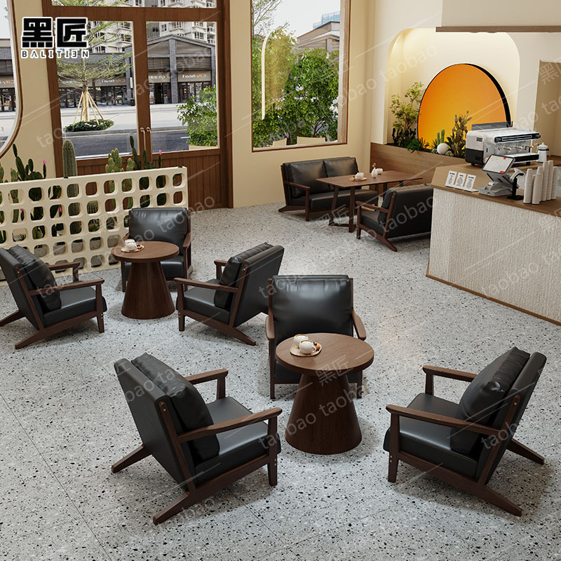 Black Craftsman-Style Cafe Table and Chair Set, Suitable for Cafes, Music Restaurants, Milk Tea Shops, Booth Seating, Sofa Chairs, Durable for Commercial Use