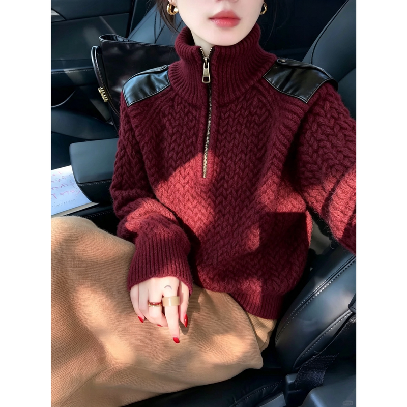 Trendy and Unique High-Neck Knit Sweater for Women, 2026 New Autumn Hot-Selling Fashion Burgundy Long-Sleeve Sweater Top